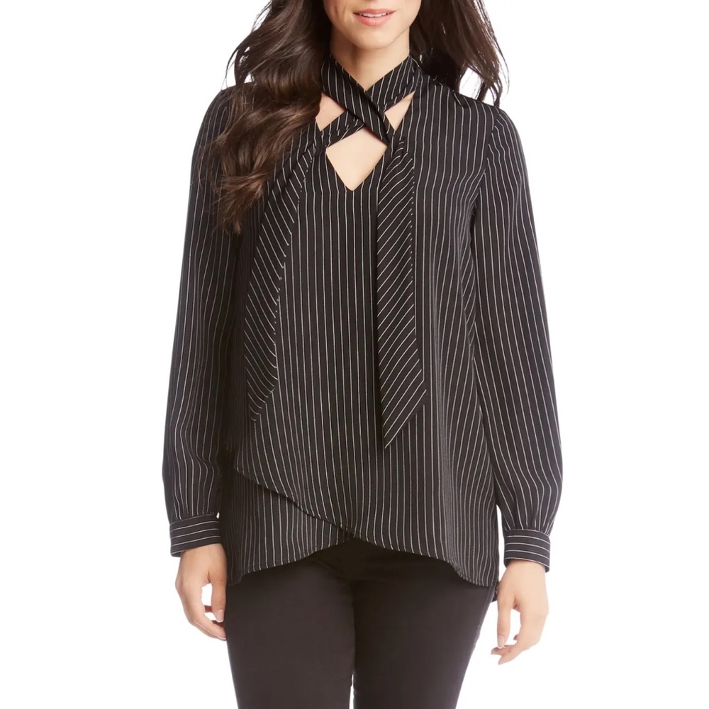 Karen Kane Black White Stripe Tie Neck Crossover Top Blouse 1X